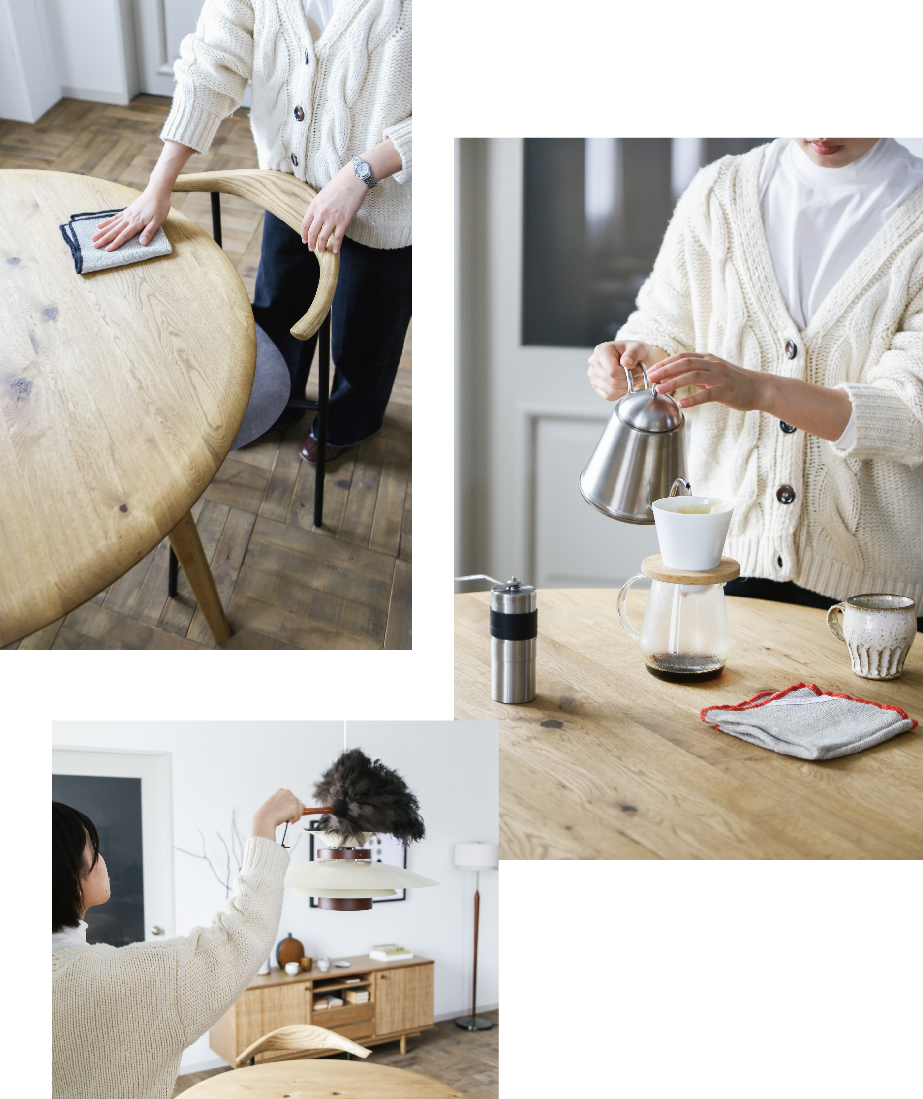 掃除やコーヒーを淹れる女性の写真