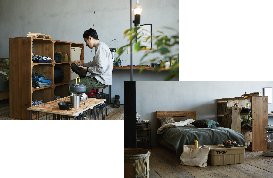 収納棚の雑貨を整理する男性とベッドの写真