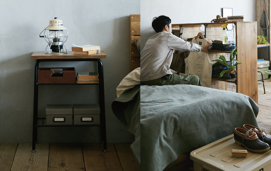 キャンプ道具を取り入れた男性の部屋の写真