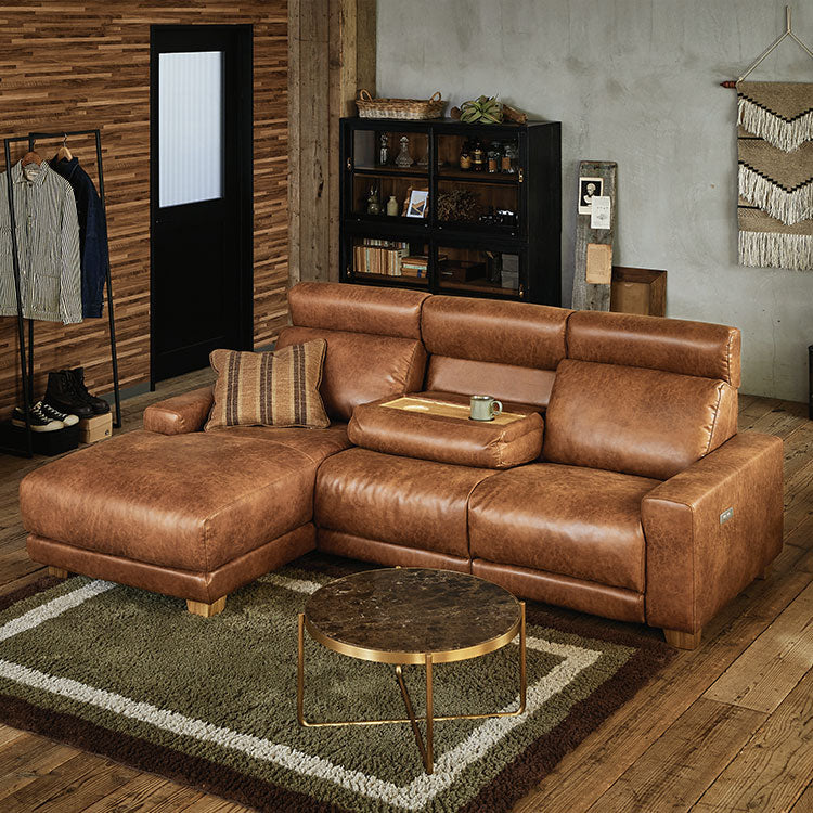 ハーデス ソファ 右カウチ オーカーブラウン（スーパーレザーテックス）