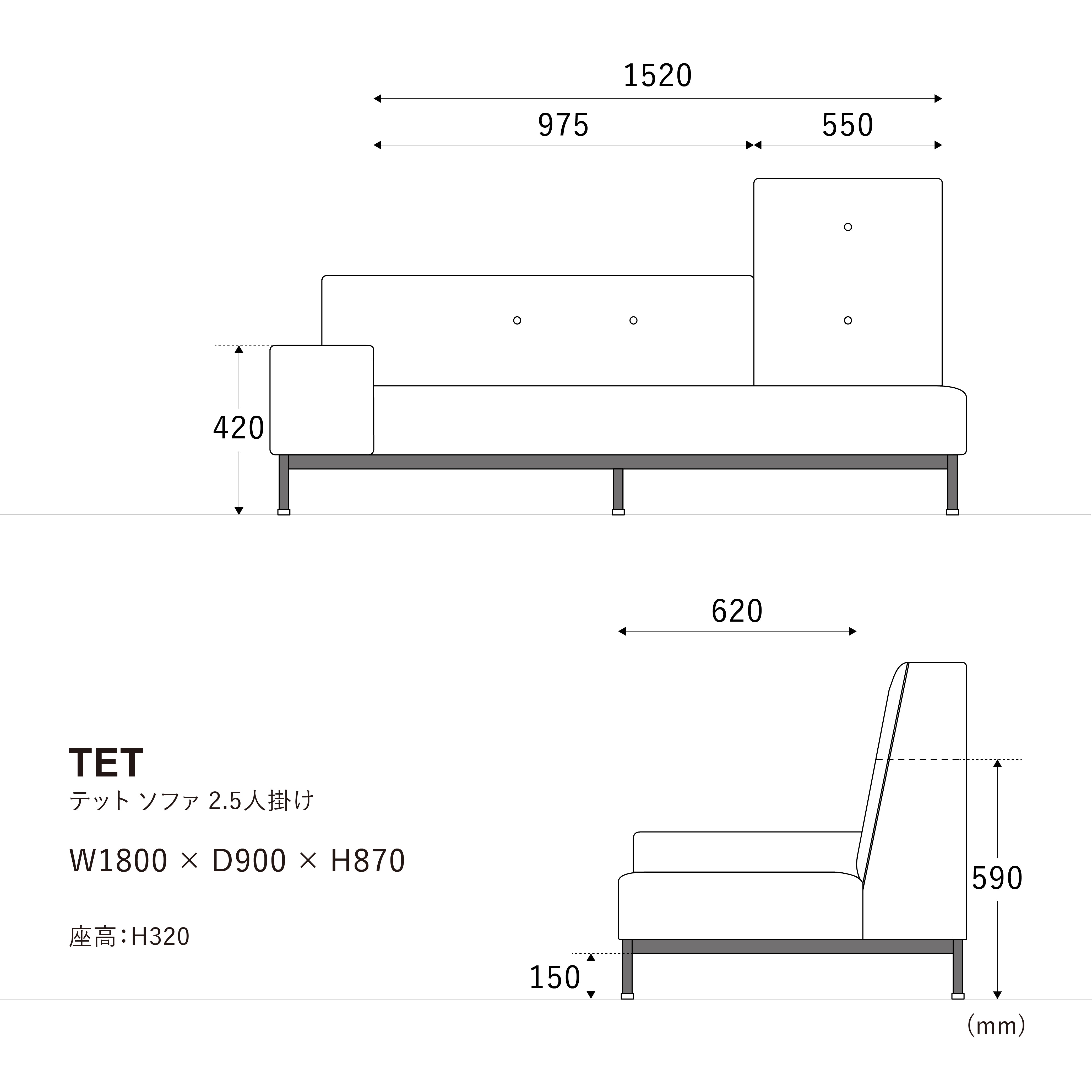テットソファ 2.5人掛け 右肘